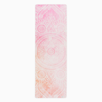 satya everyday yoga mat, pink and orange background with white mandala design over the top
