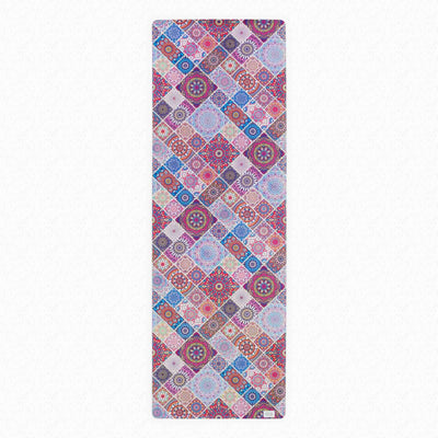 gratitude print everyday yoga mat, shades of pink, purple, blue mandala designs in small tiles