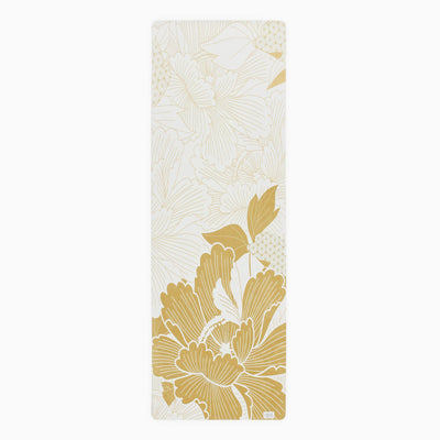 everyday yoga mat, citta print, japanese flowers in white and mustard yellow design
