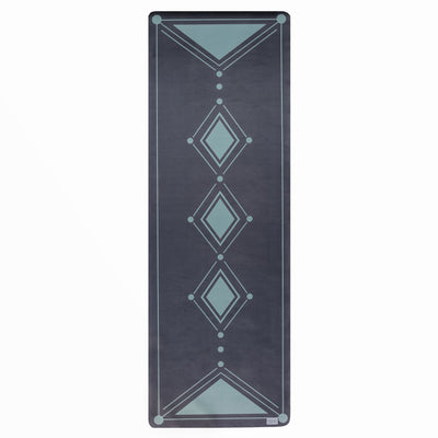 nadi print everyday yoga mat, light blue diamond and line shapes on navy background