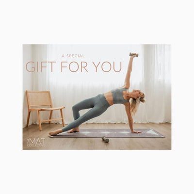 girl doing side plank pilates pose on everyday yoga mat nadi print, gift card